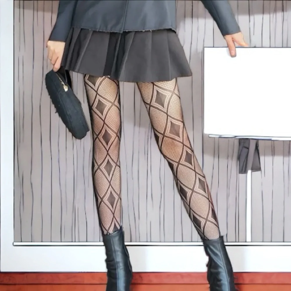Argyle Jacquard Hollow Out Tights High Waist Comfy Pantyhose Black One Size‎